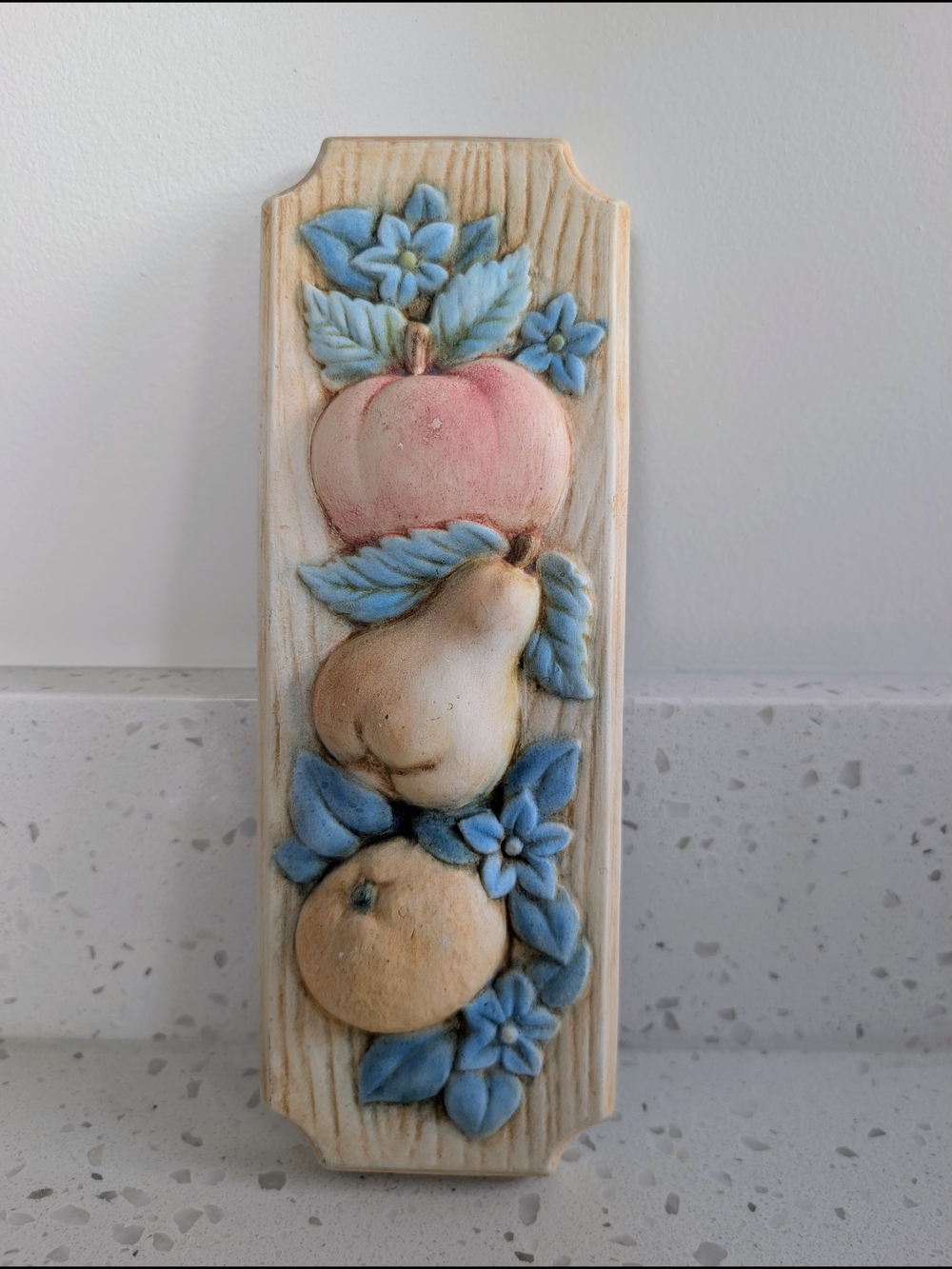 Vintage Handcrafted Fruit Relief Ceramic Wall Plaque - Blue & Peach